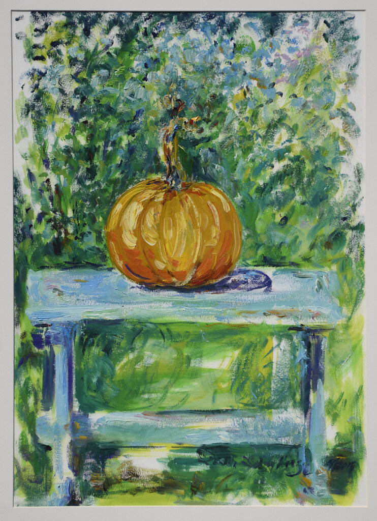 Pumpkin on Blue Table